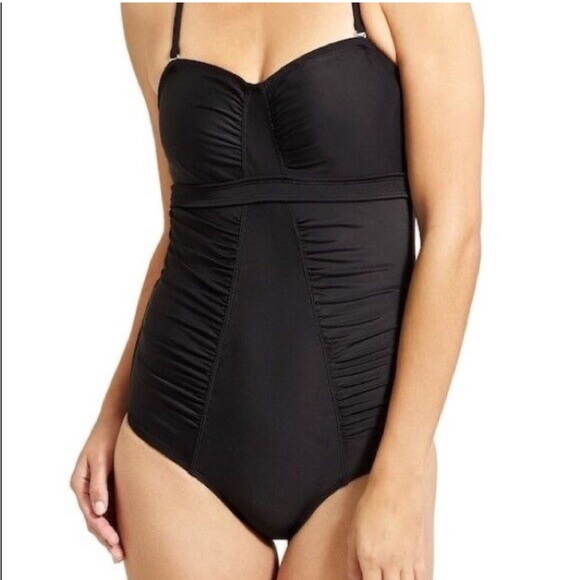 Athleta Black Ruched Bandeau One Piece Open Back Black Swimsuit Size 34 B/C Cup - Picture 1 of 9